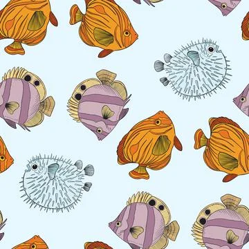 Seamless Pattern with hand drawn Sea Fishes. Cartoon Ocean Life Background. Sea Stock Illustration