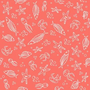 Seamless pattern of hand-drawn sea creatures on coral background for beach-.. Stock Illustration