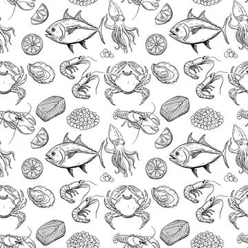 Seamless pattern of hand drawn seafood sketches Stock Illustration