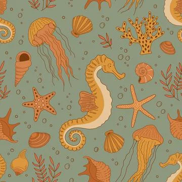 Seamless pattern with hand drawn seahorse, jellyfish, shells, stars and coral  Stock-Illustration