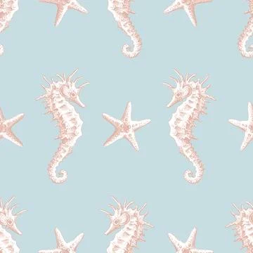 Seamless pattern with hand drawn seahorse and starfish. Underwater world line Stock Illustration