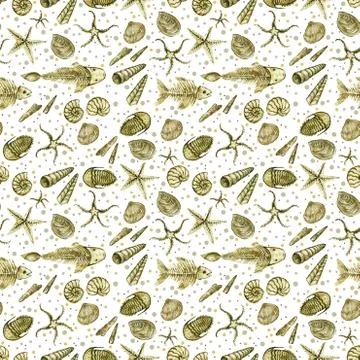 Seamless pattern of hand drawn seashell, ammonites, trilobite and other fossil Illustrazione stock