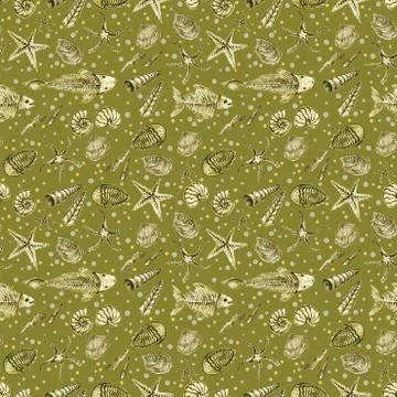 Seamless pattern of hand drawn seashell, ammonites, trilobite and other fossil Stock Illustration