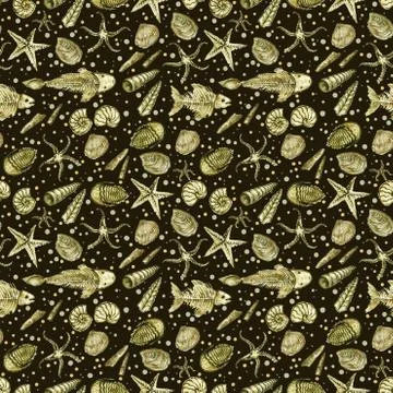 Seamless pattern of hand drawn seashell, ammonites, trilobite and other fossil Illustrazione stock