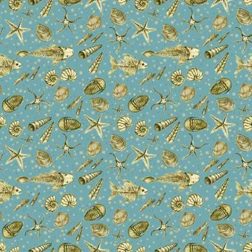 Seamless pattern of hand drawn seashell, ammonites, trilobite and other fossil Illustrazione stock