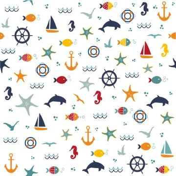 Seamless pattern with hand drawn seashells and starfishes Illustrazione stock