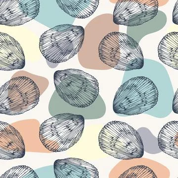 Seamless pattern hand drawn seashells and spots vector illustration Illustrazione stock