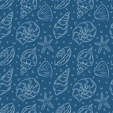 Seamless pattern with hand drawn seashells starfish and ocean element on a blue Stock Illustration
