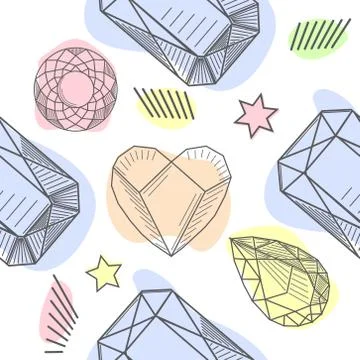 Seamless pattern of hand drawn semiprecious stones. Trendy hipster retro back Stockillustratie
