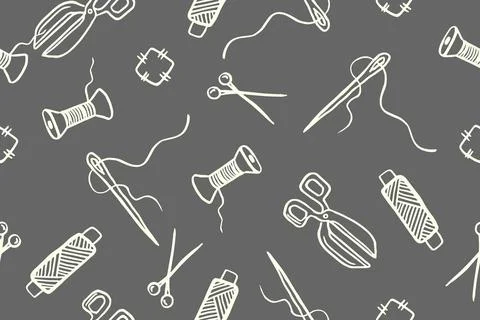 Seamless pattern with hand drawn sewing retro elements. Vector illustration hand 库存插图