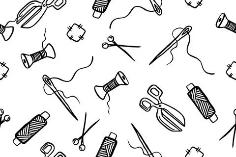 Seamless pattern with hand drawn sewing retro elements. Vector illustration hand 库存插图