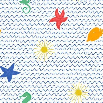 Seamless pattern with hand drawn shells, sands and waves for surface design.. Stock Illustration