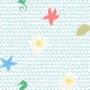 Seamless pattern with hand drawn shells, sands and waves on for surface desig Illustrazione stock
