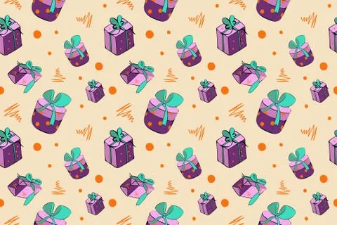 Seamless pattern, hand drawn sketch style illustration of gift boxes with Stock Illustration