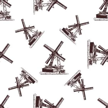 Seamless pattern of hand drawn sketch style windmills isolated on white backg Stock Illustration