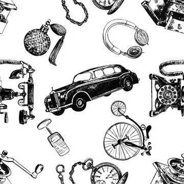 Seamless pattern of hand drawn sketch style different vintage objects isolate Stock Illustration