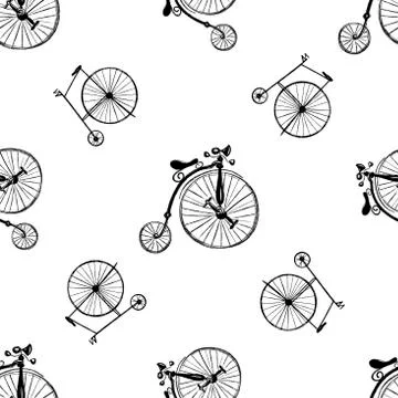 Seamless pattern of hand drawn sketch style penny-farthing bicycles isolated  Stock Illustration