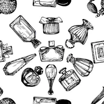 Seamless pattern of hand drawn sketch style bottles of perfume isolated on wh Stock Illustration