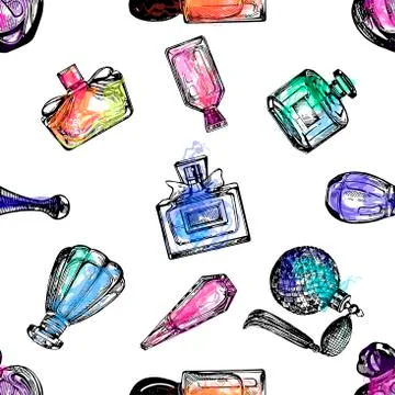 Seamless pattern of hand drawn sketch style colorful bottles of perfume isola Stock Illustration