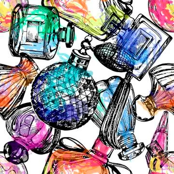 Seamless pattern of hand drawn sketch style colorful bottles of perfume isola Stock Illustration