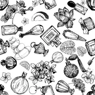 Seamless pattern of hand drawn sketch style bottles of perfume and plants iso Stock Illustration