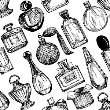Seamless pattern of hand drawn sketch style bottles of perfume isolated on wh Stock Illustration