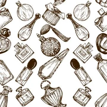 Seamless pattern of hand drawn sketch style bottles of perfume isolated on white Stock Illustration