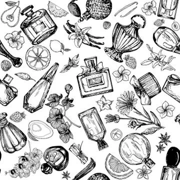 Seamless pattern of hand drawn sketch style bottles of perfume and plants iso Stock Illustration