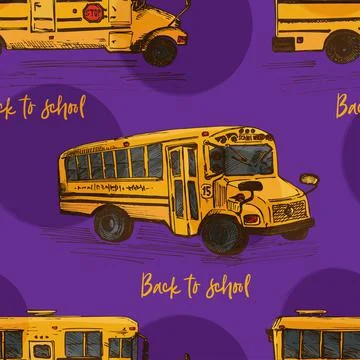 Seamless pattern with hand-drawn sketch yellow bus, isolated background Back  Stock Illustration