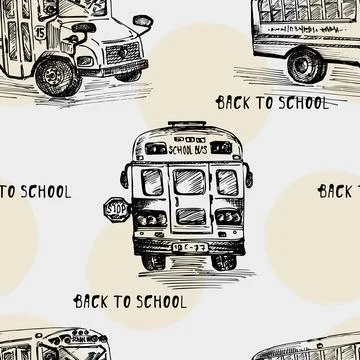 Seamless pattern with hand-drawn sketch bus, isolated background Back to scho Stock Illustration