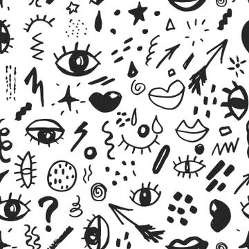 Seamless pattern with hand drawn sketched doodle elements eyes and lips, abst Stock Illustration