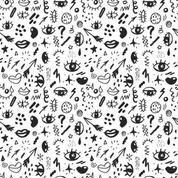 Seamless pattern with hand drawn sketched doodle elements eyes and lips, abst 스톡 일러스트