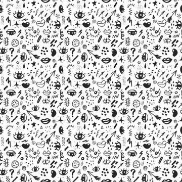 Seamless pattern with hand drawn sketched doodle elements eyes and lips, abst Stock Illustration