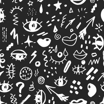 Seamless pattern with hand drawn sketched doodle elements eyes and lips, abst イラスト素材