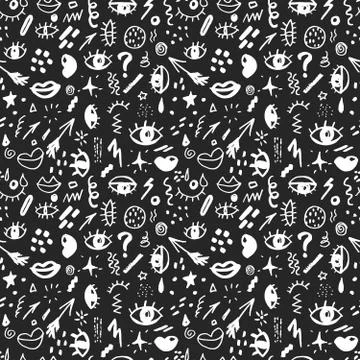 Seamless pattern with hand drawn sketched doodle elements eyes and lips, abst Stock Illustration