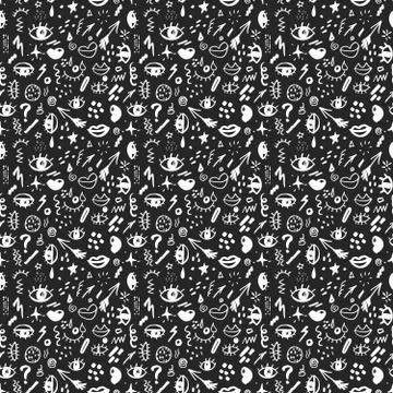 Seamless pattern with hand drawn sketched doodle elements eyes and lips, abst Stock Illustration