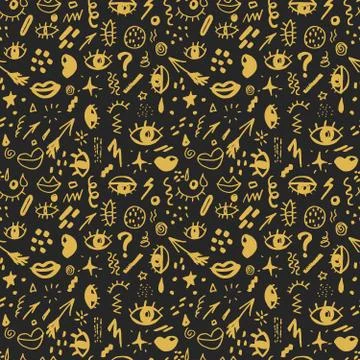Seamless pattern with hand drawn sketched doodle elements eyes and lips, abst Stock Illustration