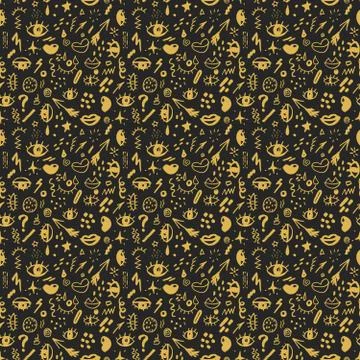 Seamless pattern with hand drawn sketched doodle elements eyes and lips, abst Stock Illustration