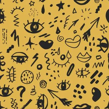 Seamless pattern with hand drawn sketched doodle elements eyes and lips, abst Illustrazione stock