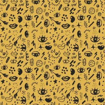 Seamless pattern with hand drawn sketched doodle elements eyes and lips, abst Illustrazione stock