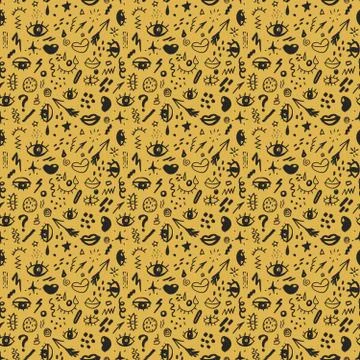 Seamless pattern with hand drawn sketched doodle elements eyes and lips, abst Stock Illustration