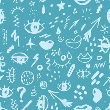 Seamless pattern with hand drawn sketched doodle elements eyes and lips, abst 스톡 일러스트