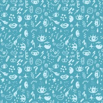 Seamless pattern with hand drawn sketched doodle elements eyes and lips, abst 스톡 일러스트