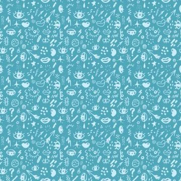 Seamless pattern with hand drawn sketched doodle elements eyes and lips, abst Illustrazione stock