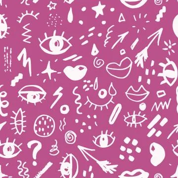 Seamless pattern with hand drawn sketched doodle elements eyes and lips, abst 스톡 일러스트
