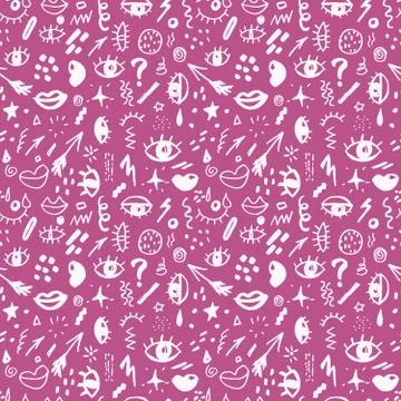 Seamless pattern with hand drawn sketched doodle elements eyes and lips, abst Illustrazione stock
