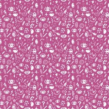 Seamless pattern with hand drawn sketched doodle elements eyes and lips, abst Stock Illustration