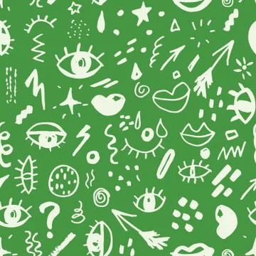 Seamless pattern with hand drawn sketched doodle elements eyes and lips, abst Stock Illustration