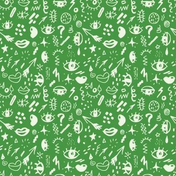 Seamless pattern with hand drawn sketched doodle elements eyes and lips, abst 스톡 일러스트