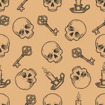 Seamless pattern with hand-drawn skulls, vintage keys, and burning candles Stock Illustration